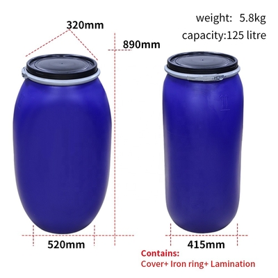 барабанчик химического пластикового HDPE 125L открытый верхний с кольцом обруча утюга 80 градусов